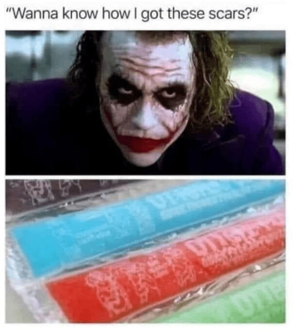 Joker character with face scars above a close-up of colorful frozen ice pops, illustrating funny summer memes humor.