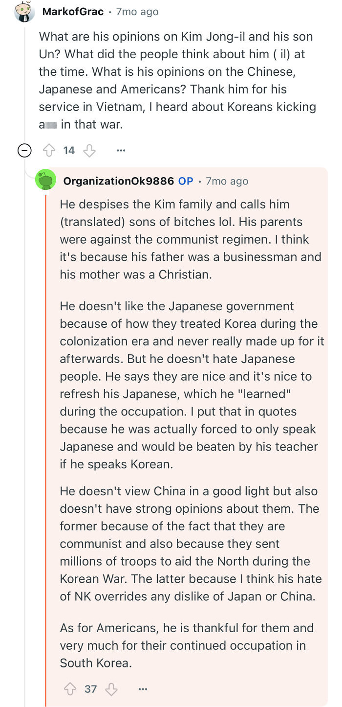 Reddit conversation where a grandfather who escaped North Korea shares his views on Korea, Japan, China, and America.