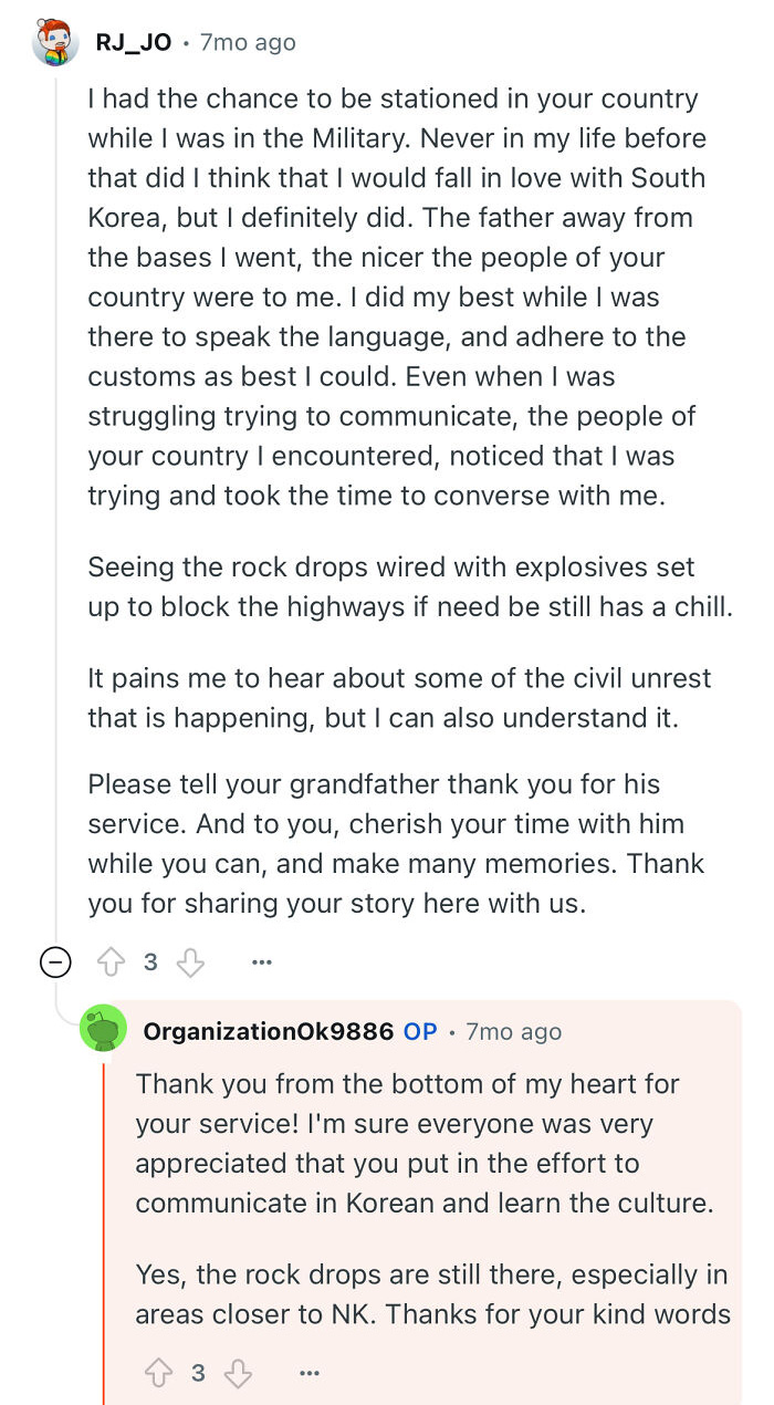 Reddit comments discussing experiences in South Korea and threats near North Korea from a grandfather who escaped.