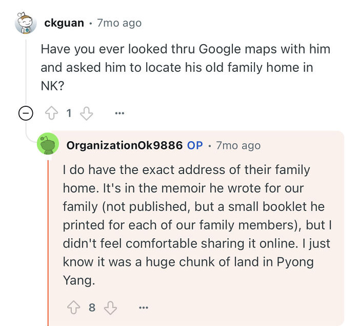 Reddit conversation discussing a grandfather who escaped North Korea and his family home in Pyongyang.