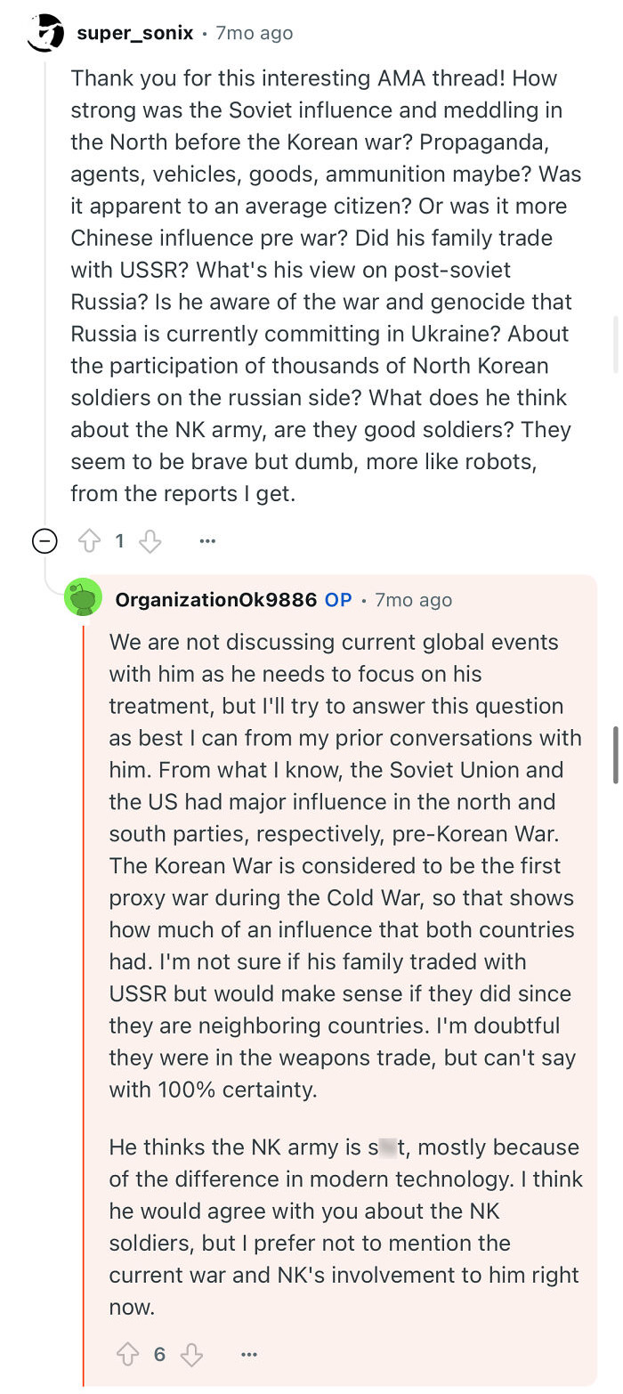 Reddit discussion about a grandfather who escaped North Korea sharing insights on life and the North Korean army.