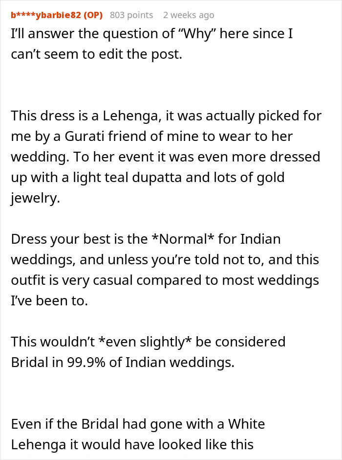Reddit user explains wearing a lehenga to wedding, describing it as normal attire, not bridal, in Indian weddings. - 13