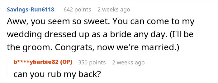 Screenshot of a Reddit comment thread where a woman talks about going to a wedding dressed like the bride, describing the awkward moment. - 20