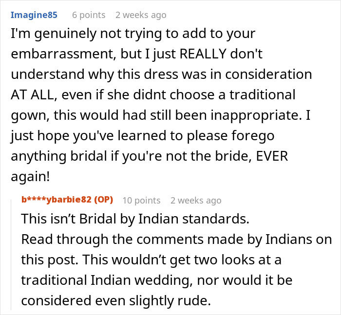 Screenshot of a conversation about a woman accidentally dressed like the bride at a wedding causing an awkward moment. - 15