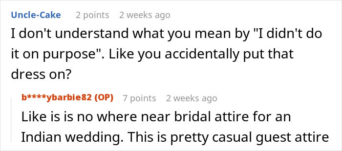 Screenshot of a Reddit conversation discussing a woman accidentally dressed like the bride at an Indian wedding. - 16