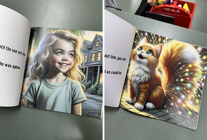 Open children's book with vivid illustrations of a smiling girl and a glowing cat, highlighting school creativity differences.