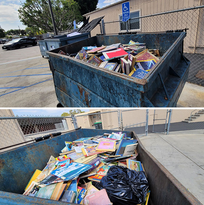 Old school books discarded in large dumpsters highlighting schools not created equal or great conditions.