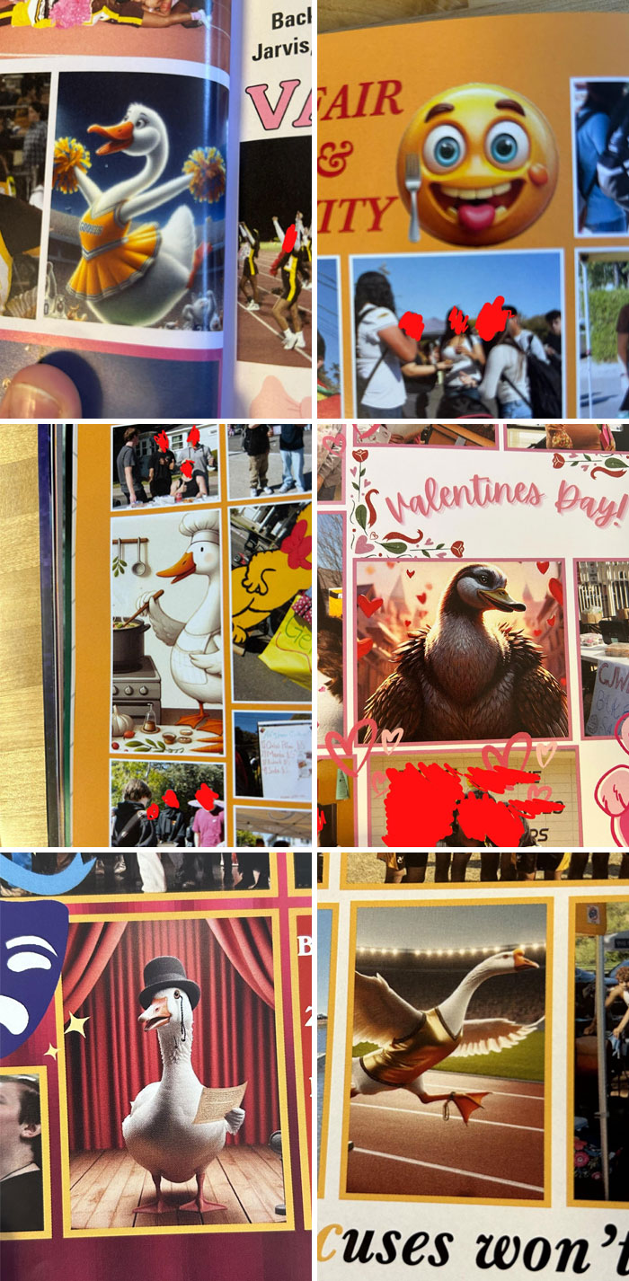 Yearbook pages showing humorous goose and bird illustrations mixed with student photos highlighting not all schools are equal or great.