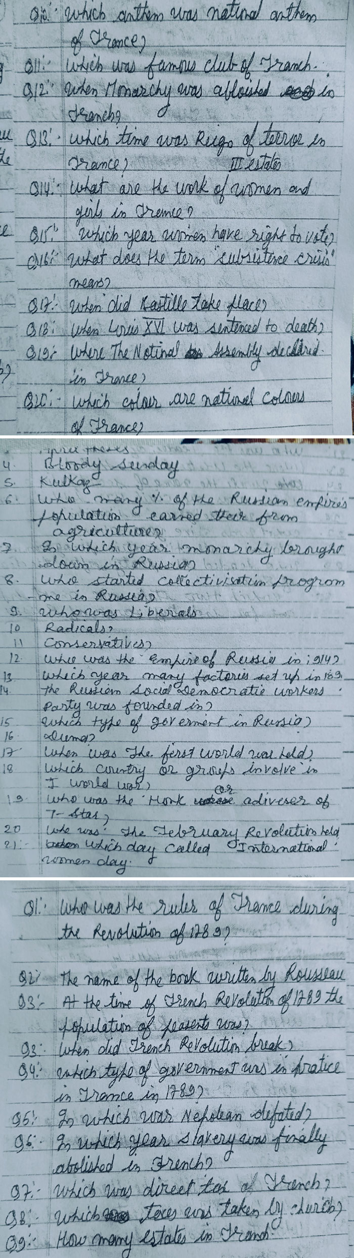 Handwritten school history questions on France and Russia highlighting varied school quality with visible paper and pen marks.