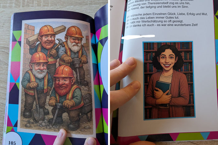 Illustrations in a school book showing construction workers and a smiling woman with a book, highlighting school diversity and quality.