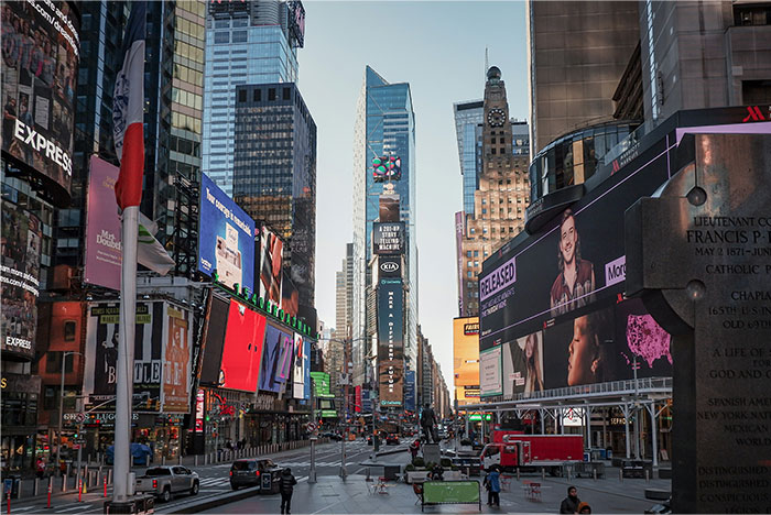 Times Square in New York City with crowded streets and bright billboards showing things non-Americans find weird about the US - 16