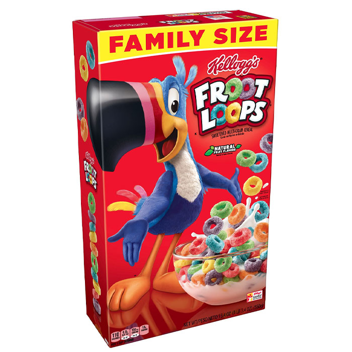 Family size Kellogg&rsquo;s Froot Loops cereal box with colorful loops and toucan mascot, representing American foods banned in other countries.