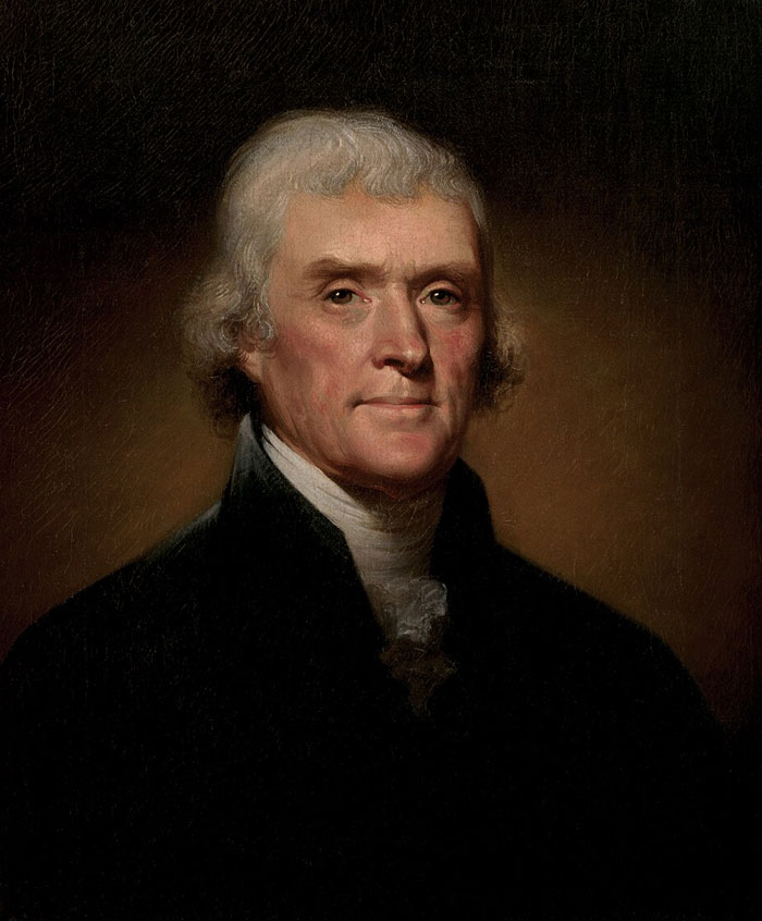 Portrait of US president Thomas Jefferson representing highest IQ ranking among top 12 presidents in American history.
