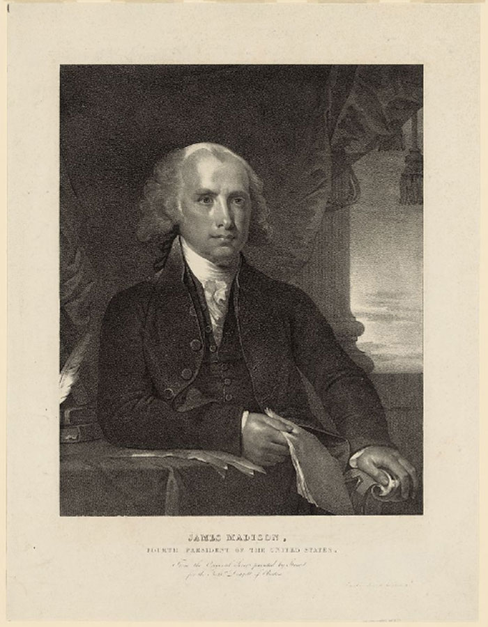 Portrait of James Madison, a US President ranked among the highest IQs in history, seated with papers in hand.