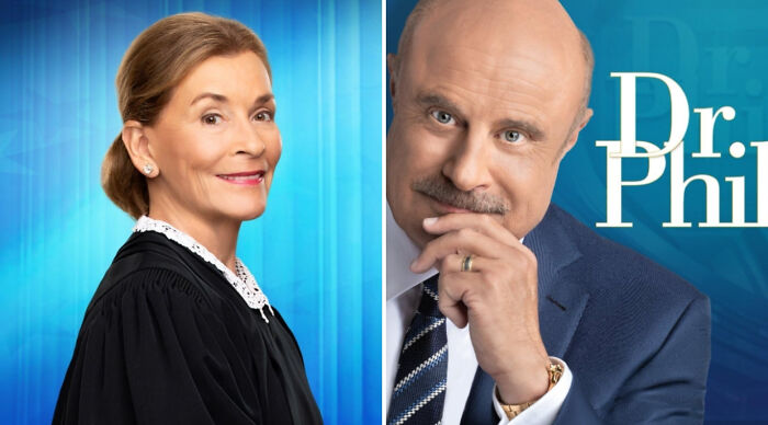 Portraits of a judge and a man in a suit facing the camera, representing who would win in a fight scenario.
