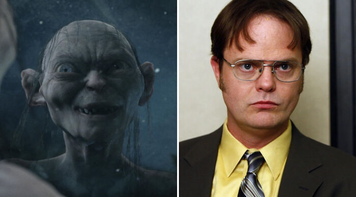 Gollum and Dwight Schrute side by side, portraying a fictional scenario of who would win in a fight.