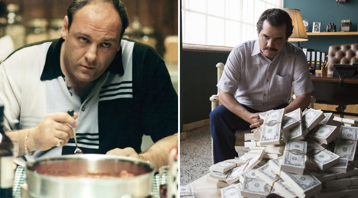 Two men in tense poses, one eating at a table and the other sitting behind stacks of money, depicting who would win in a fight.