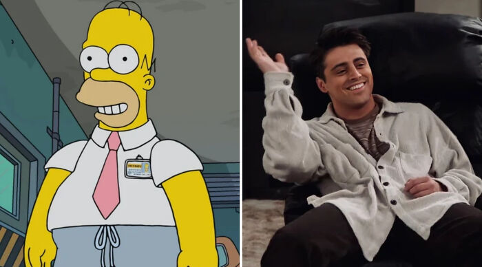 Split image showing Homer Simpson in a work outfit and Joey Tribbiani casually smiling, illustrating who would win in a fight.