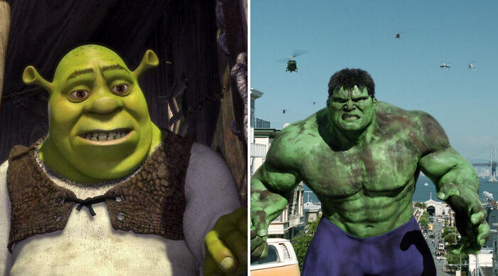 Side-by-side image of Shrek and Hulk characters illustrating who would win in a fight scenario.