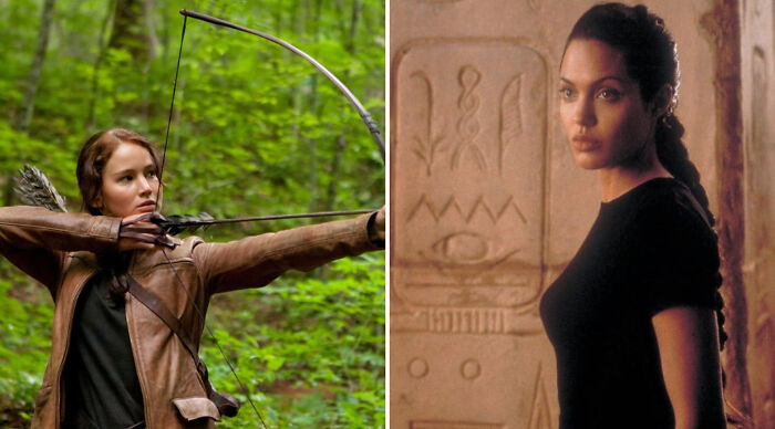 Two women in action poses, one aiming a bow in a forest and the other standing in an ancient setting, who would win in a fight