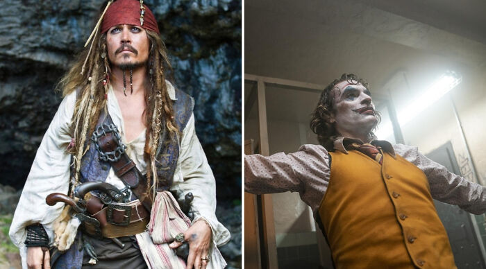 Jack Sparrow and Joker characters in costume, posed dramatically in separate scenes, illustrating who would win in a fight.