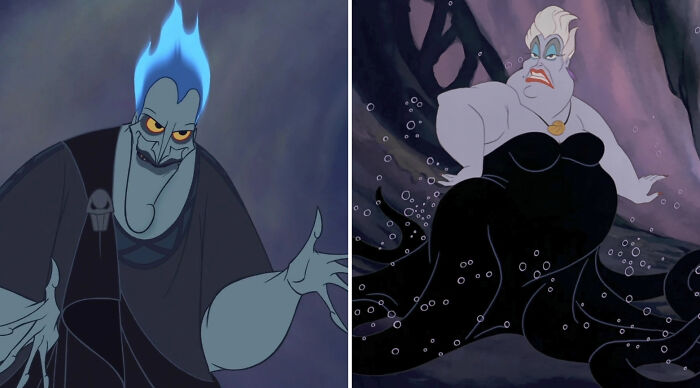 Split image showing animated villain characters Hades with blue flaming hair and Ursula with tentacles, depicting who would win in a fight.