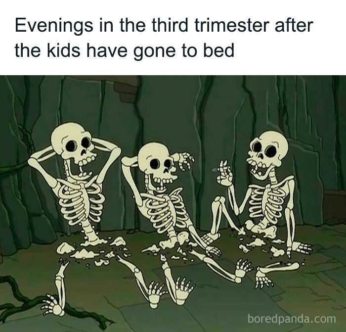 Three skeletons sitting and relaxing humorously, illustrating the exhaustion of dads in wholesome and funny moments.