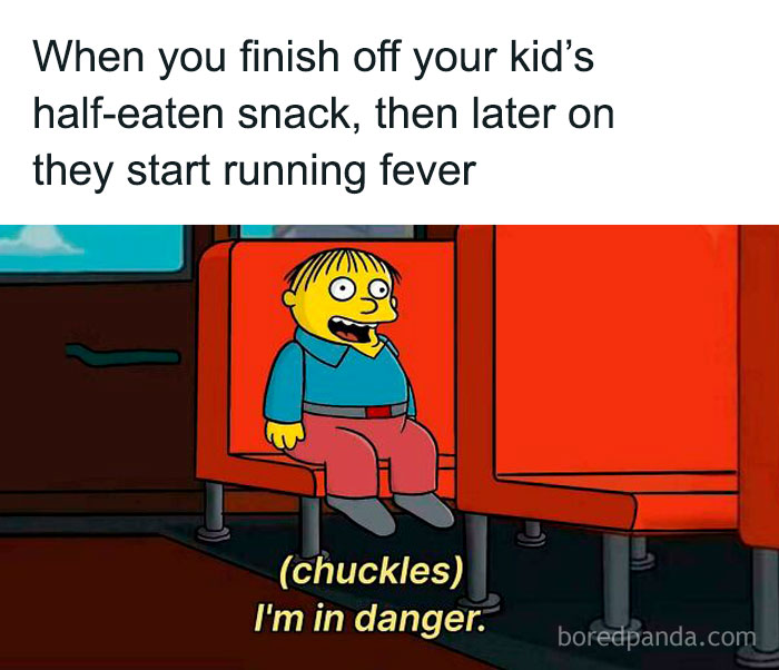 Cartoon dad chuckling nervously on a bus seat, capturing wholesome and funny dads doing their best humor.