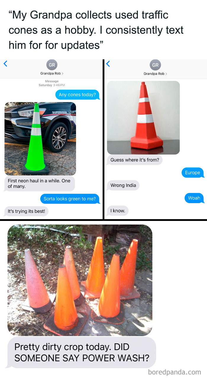 Text message exchange showing a grandpa sharing photos of his used traffic cone collection for positivity.