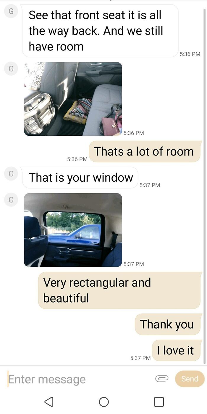 Chat conversation showing photos of a car’s interior, highlighting space and light with wholesome people and animals theme.