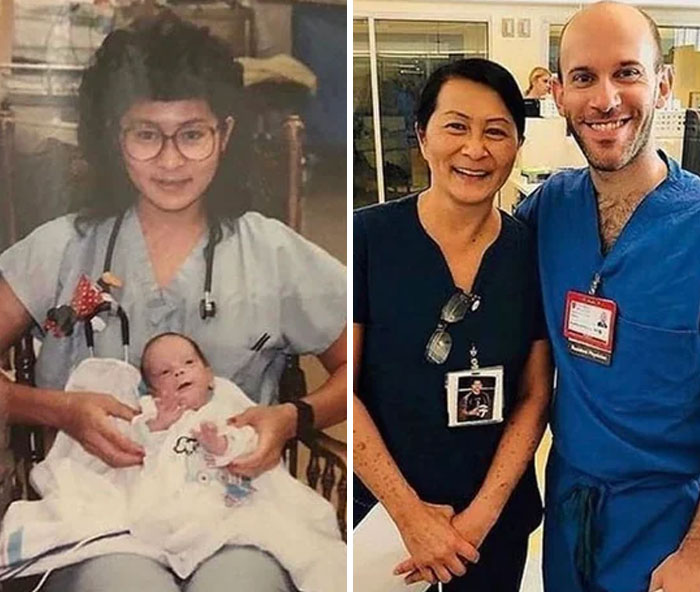 Two nurses, then and now, smiling and showing caring dedication to people and animals that make the world better.