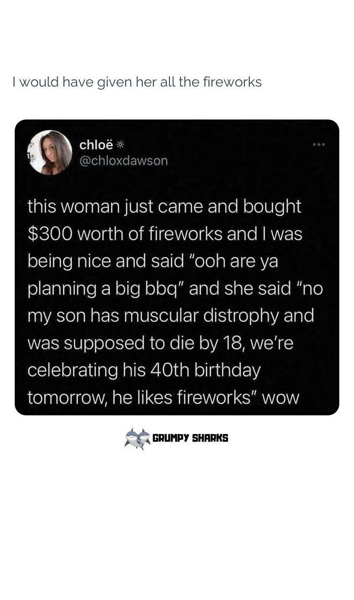 Tweet about a woman buying $300 in fireworks to celebrate her son's 40th birthday, a wholesome moment with people and animals.