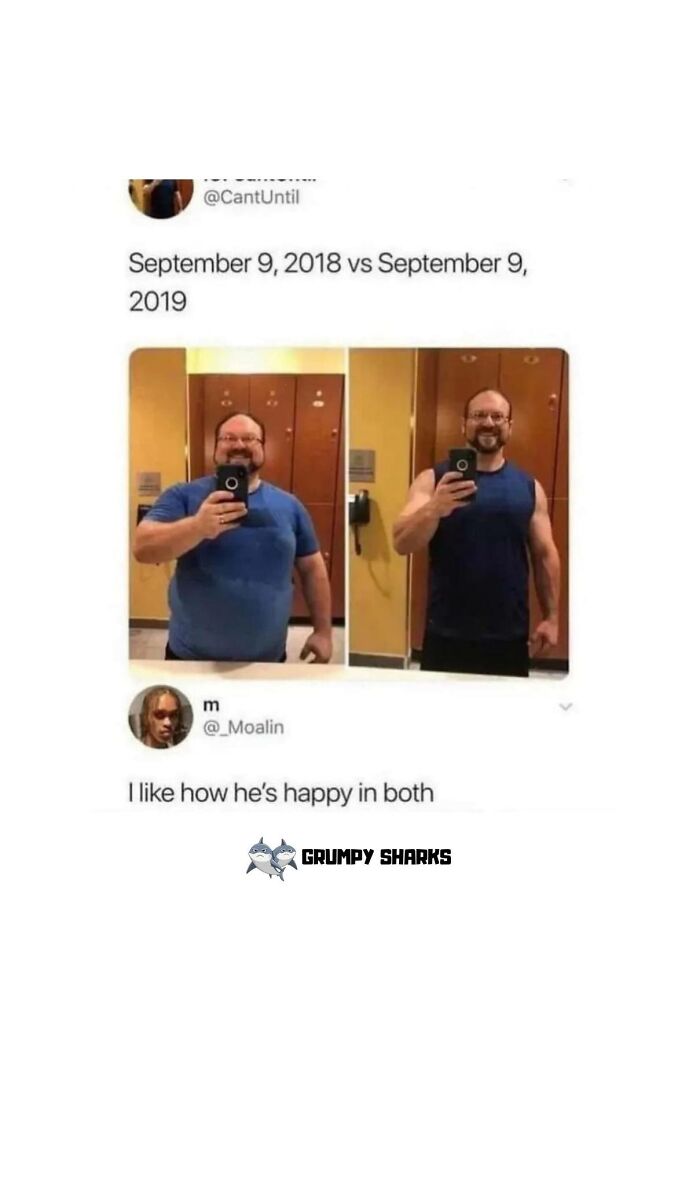 Before and after selfies of a happy man showing wholesome people and animals making the world better.