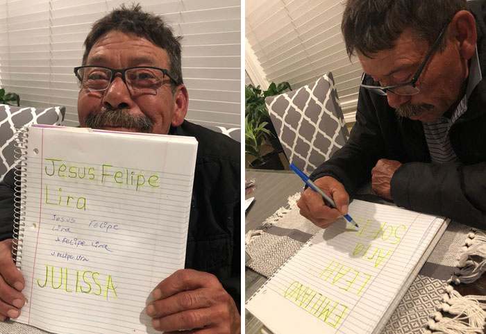 Man practicing writing names on notebook, showcasing wholesome moments that make the world a better place