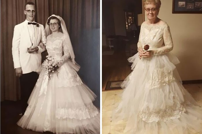 Side-by-side images of a couple on their wedding day and a woman in the same vintage wedding dress years later, showcasing wholesome memories.