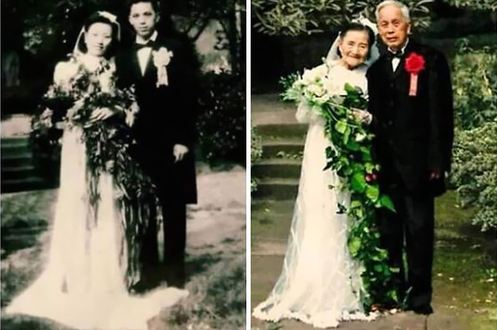 Older couple in wedding attire, smiling and holding a bouquet, showing wholesome people moments that brighten the world.
