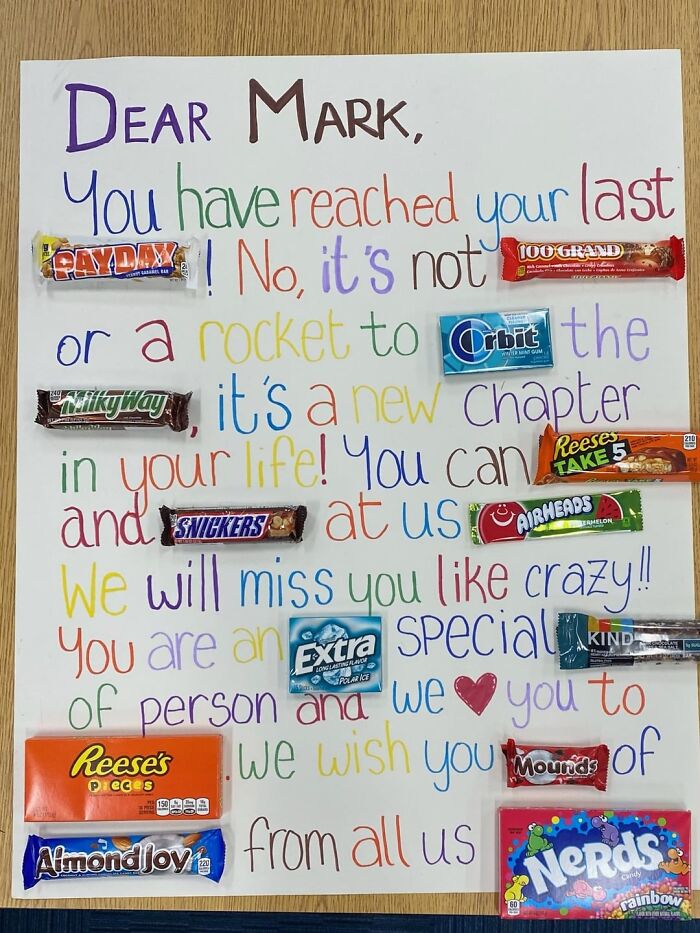 Colorful handmade farewell poster with candy bars, showcasing wholesome people and animals spreading kindness and joy.