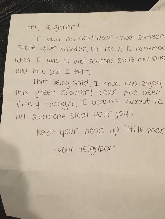 Handwritten note from a kind neighbor offering a green scooter to spread joy among wholesome people and animals.
