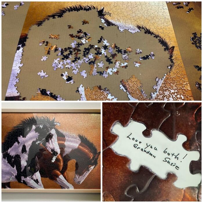 Partially completed horse jigsaw puzzle and a message from Grandma Susie, showcasing wholesome people and animals making the world better.