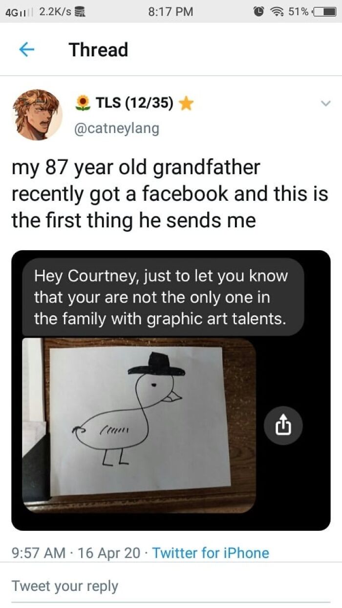 87-year-old grandfather shares wholesome drawing, showcasing the wholesome people and animals that brighten the world together