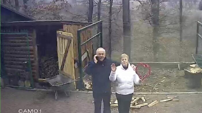 Elderly couple standing outside a wooden shed, surrounded by nature, embodying wholesome people and animals.