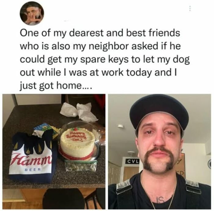 Neighbor surprises with thoughtful gift of beer and cake, showcasing wholesome people and animals that brighten the world.