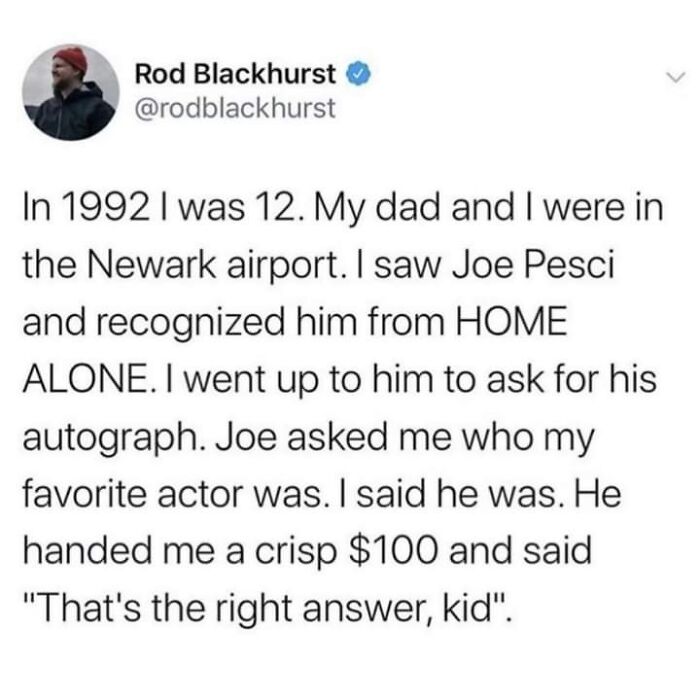 Tweet story of a wholesome encounter between a child and actor Joe Pesci that brightens the world with kindness.