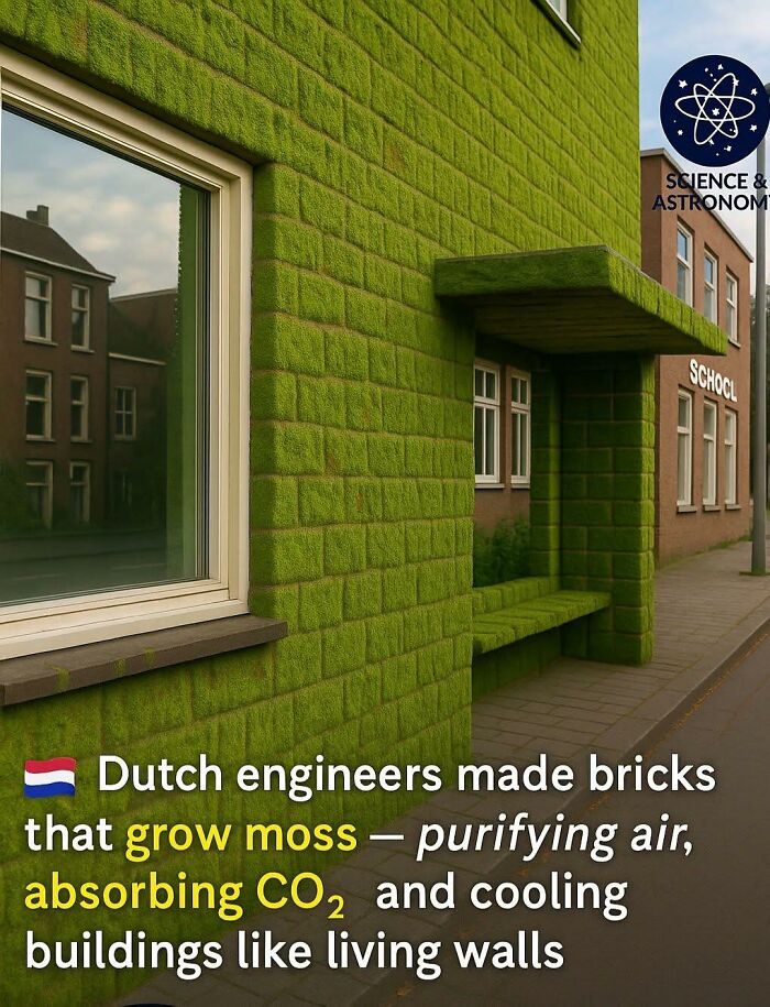 Green bricks that grow moss, purify air, absorb CO2, and cool buildings like living walls in a sustainable world.