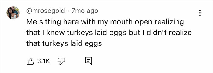 Social media post expressing surprise about turkeys laying eggs, highlighting curiosity about turkey eggs compared to chicken and duck eggs. - 8