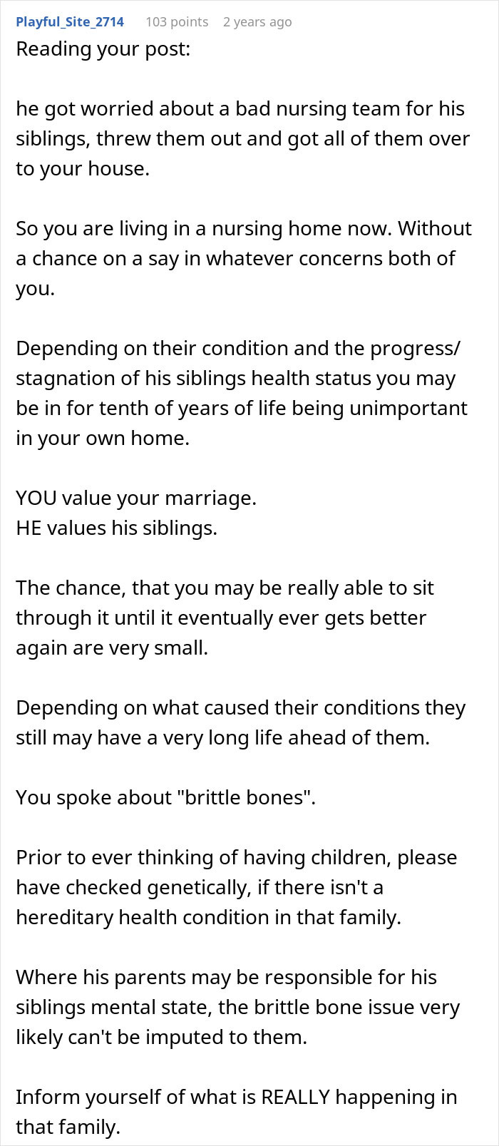 Alt text: Reddit comment discussing husband's decision to move disabled siblings into the home affecting wife&rsquo;s view on marriage.