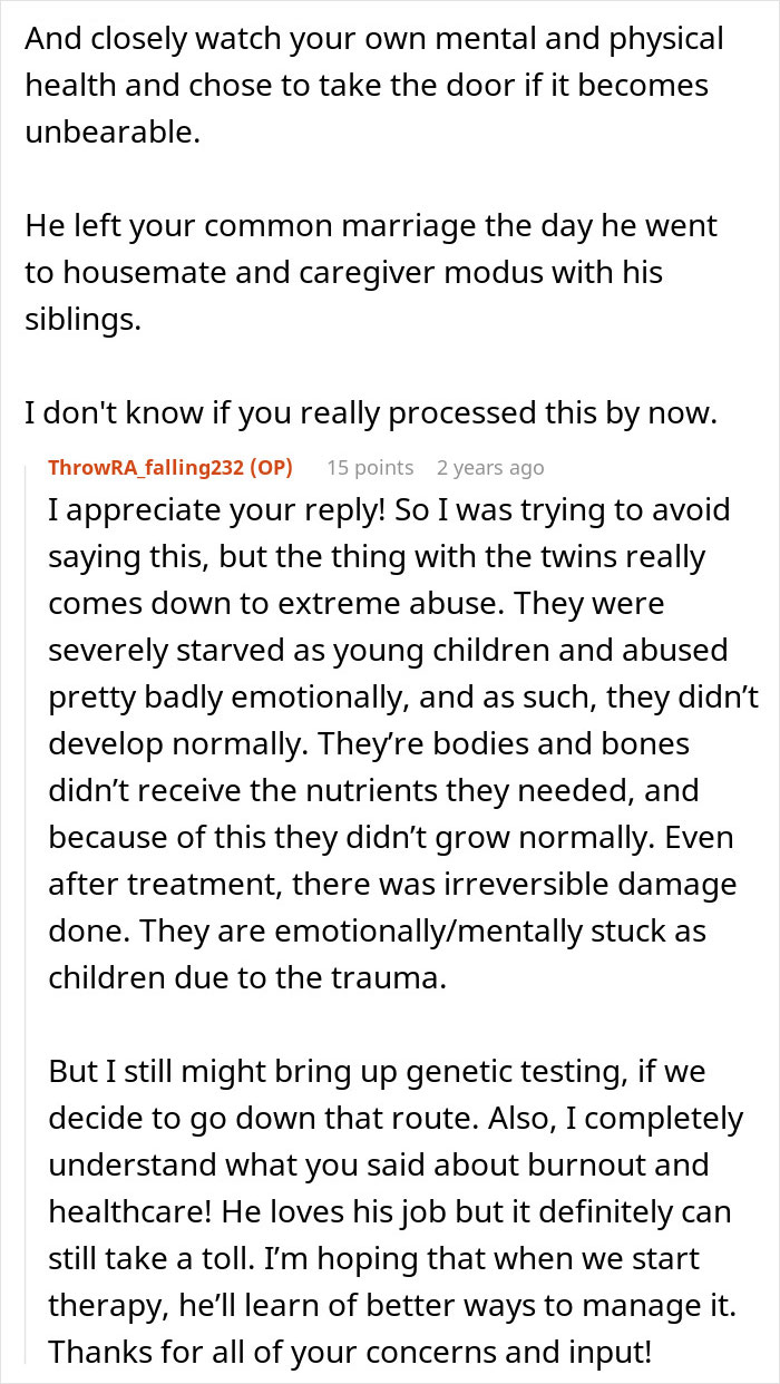 Screenshot of a discussion about a husband&rsquo;s decision to move in his disabled siblings affecting their marriage and emotional challenges.