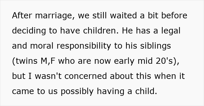 Wife reflecting on husband's decision to move in disabled siblings and its impact on their marriage and family plans.