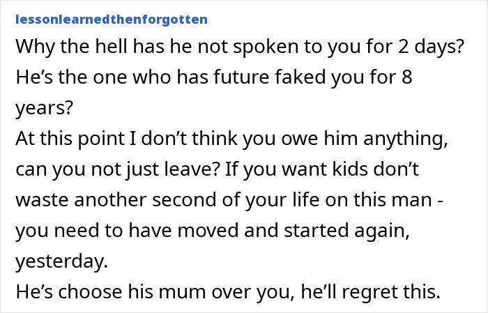 Text message about a woman facing disappointment after giving up life to follow partner who won't leave his mother behind. - 23