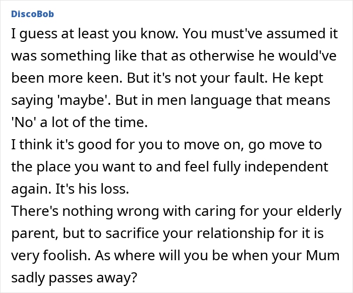Text conversation discussing a woman sacrificing her life for her partner who won’t leave his mother behind. - 25